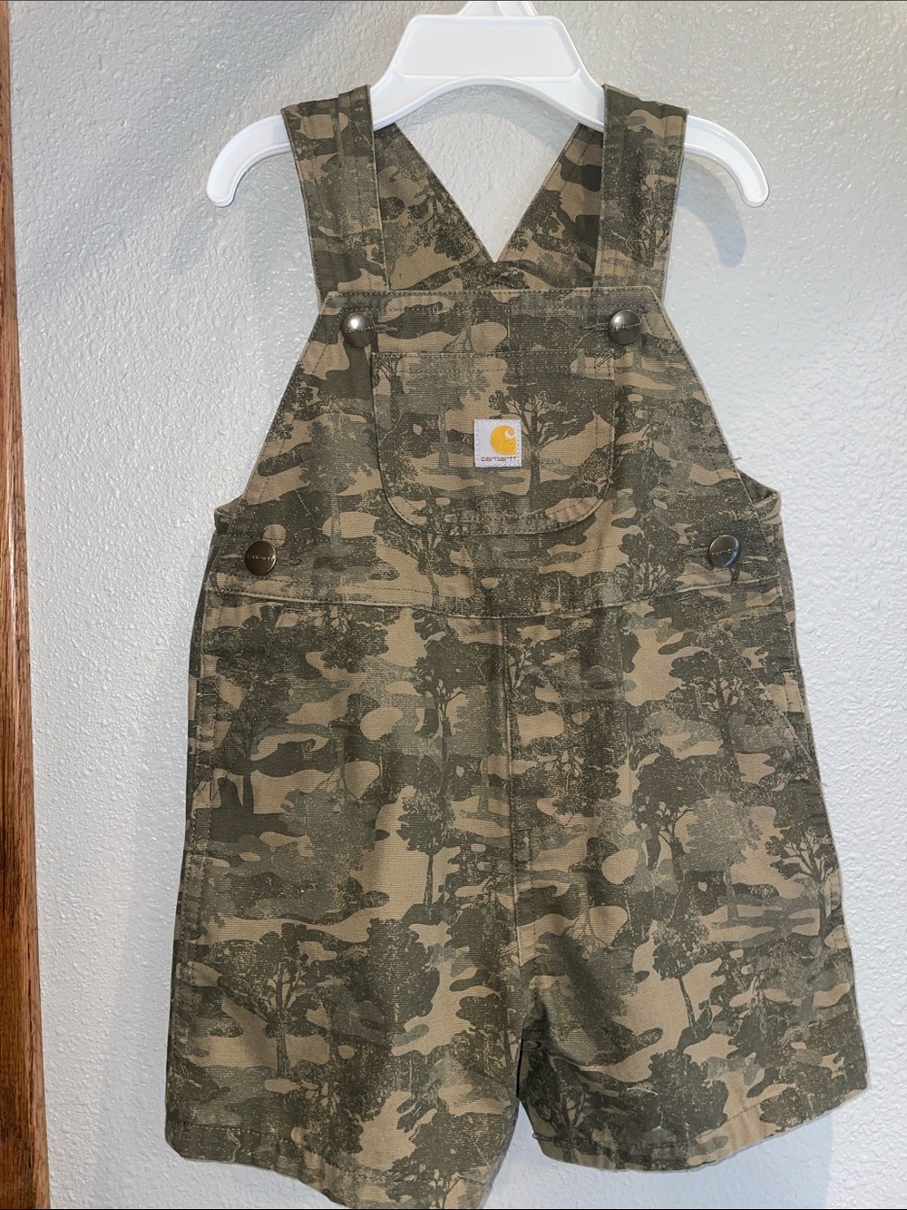 Carhartt Kids Camo Short Overalls in Olive and Dark Green